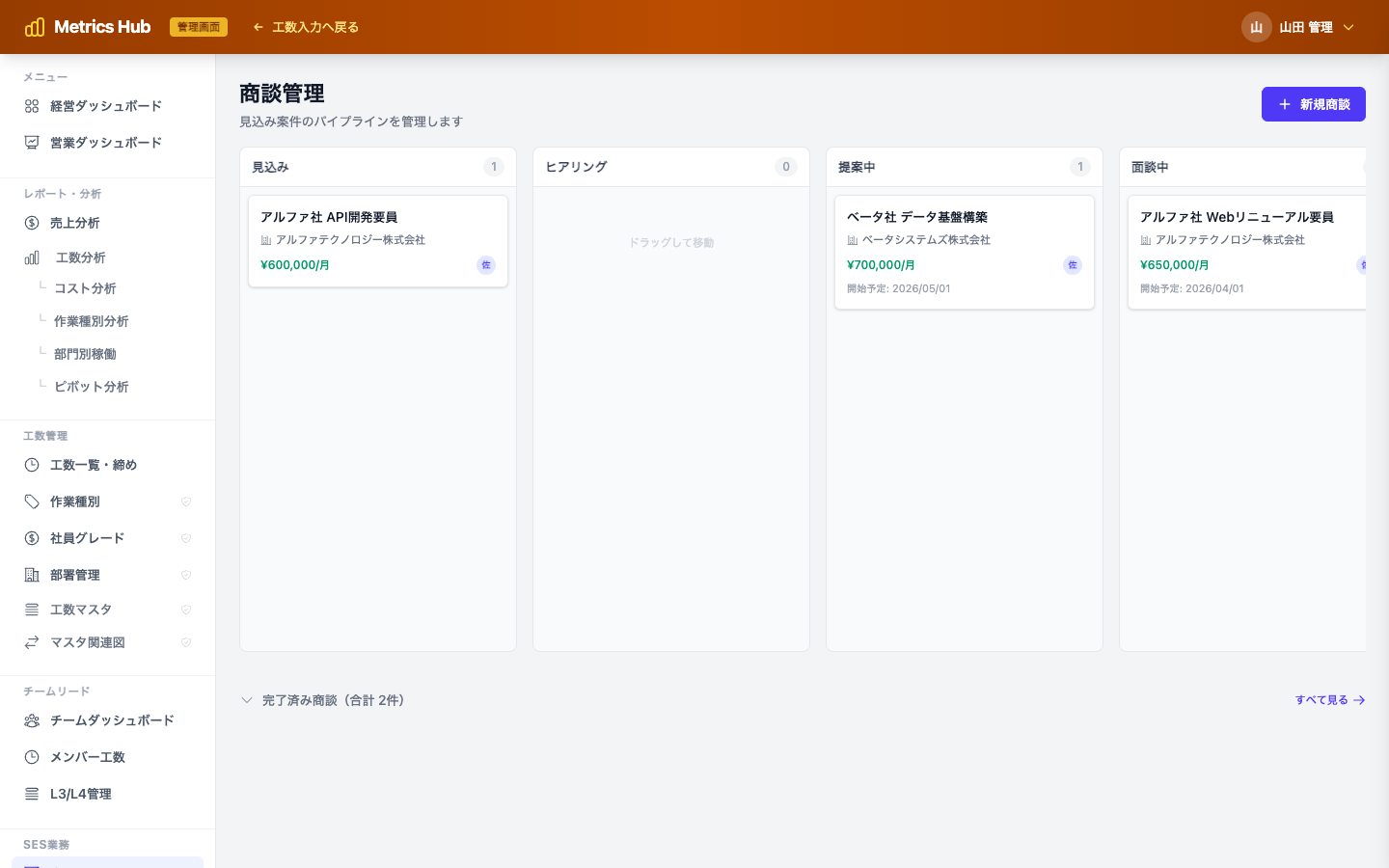 SESメトリクス 商談パイプライン — カンバンボード